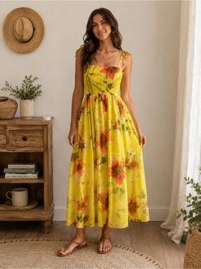 Hibiscus Collection Hawaii Yellow Floral Convertible Maxi Dress One Size Boho